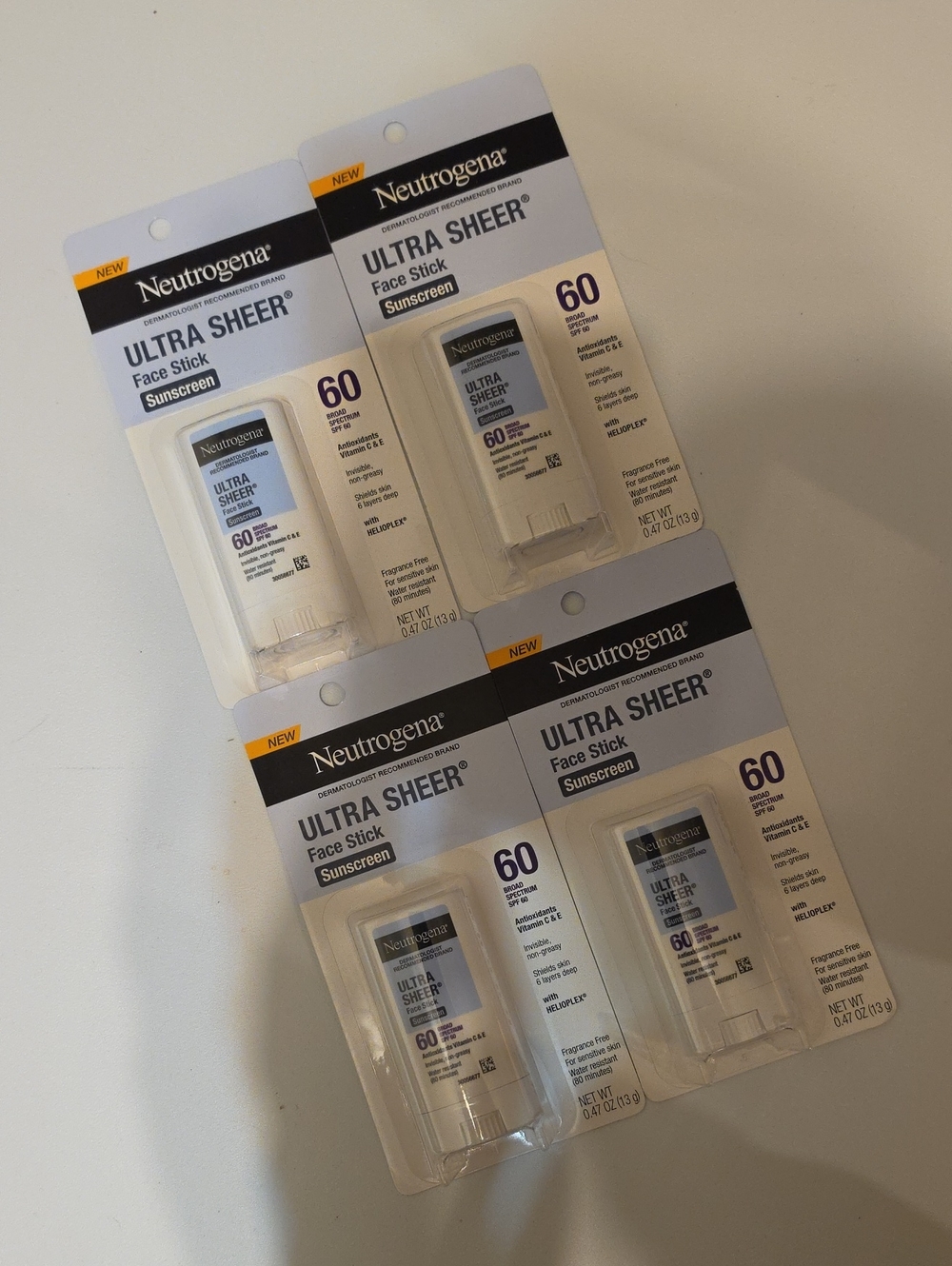 Neutrogena Ultra Sheer Sunscreen Face Stick Travel Size 13g SPF 60 New x4